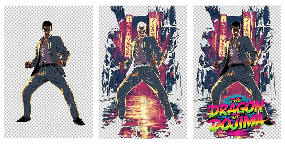 Three stages of the Dragon of Dojima composite on a transparent background: the character cut out on its own, the neon street scene cut out, and the final composite with the lettering added