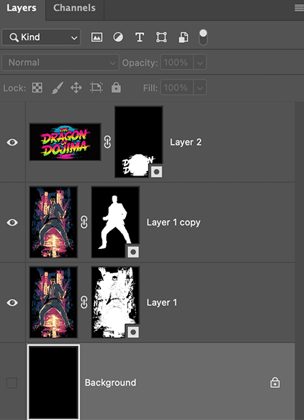 Photoshop layers panel with three masked layers: the lettering, the character and the street scene, above a hidden black background