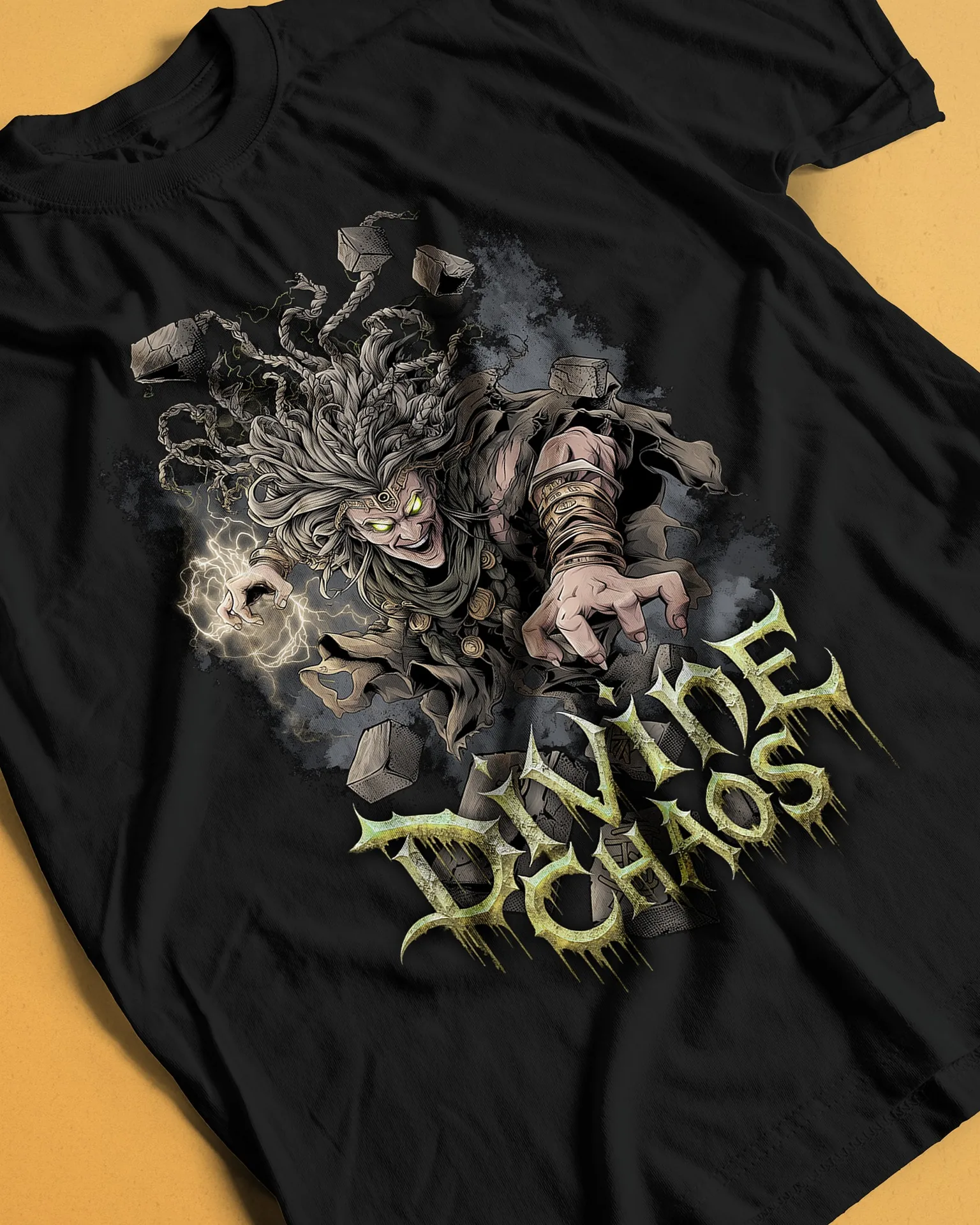 Wild-haired sorcerer with glowing eyes and crackling lightning among floating stone blocks, with dripping Divine Chaos lettering, printed on a black shirt