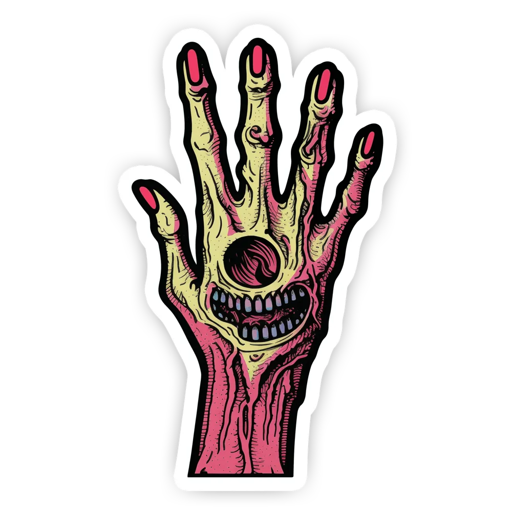 Die-cut sticker of a rotting hand with an eye in its palm