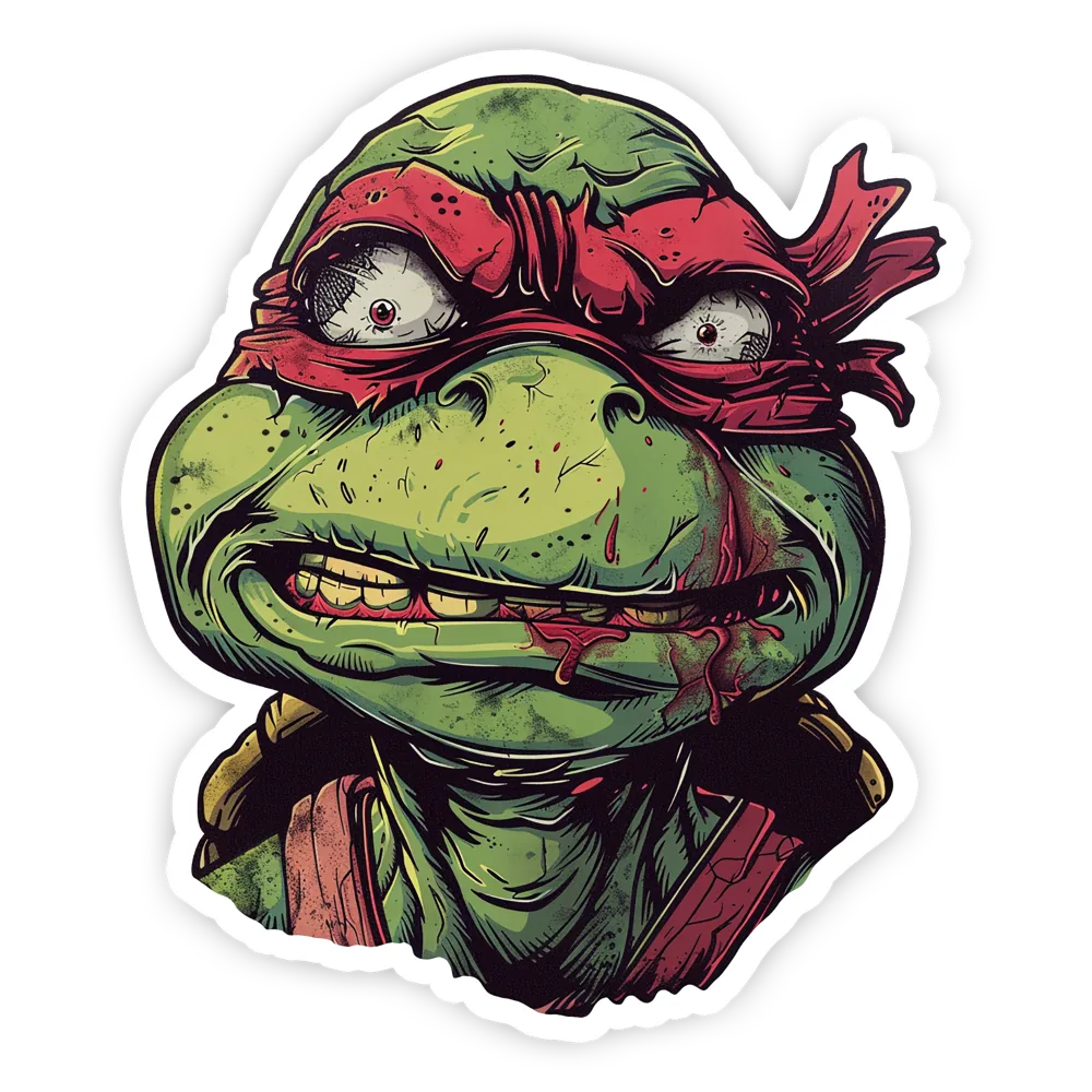 Die-cut sticker of a zombie ninja turtle wearing a red bandana