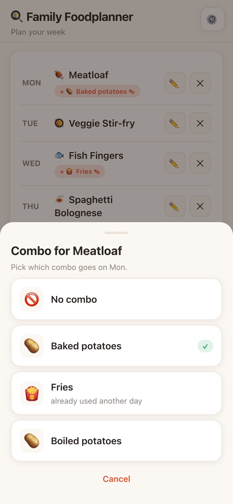 Combo picker for Meatloaf, with Fries labelled as already used another day