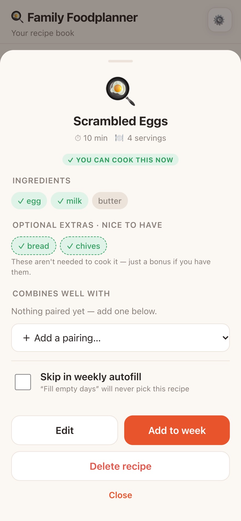 Scrambled eggs recipe with bread and chives as optional extras, both ticked green