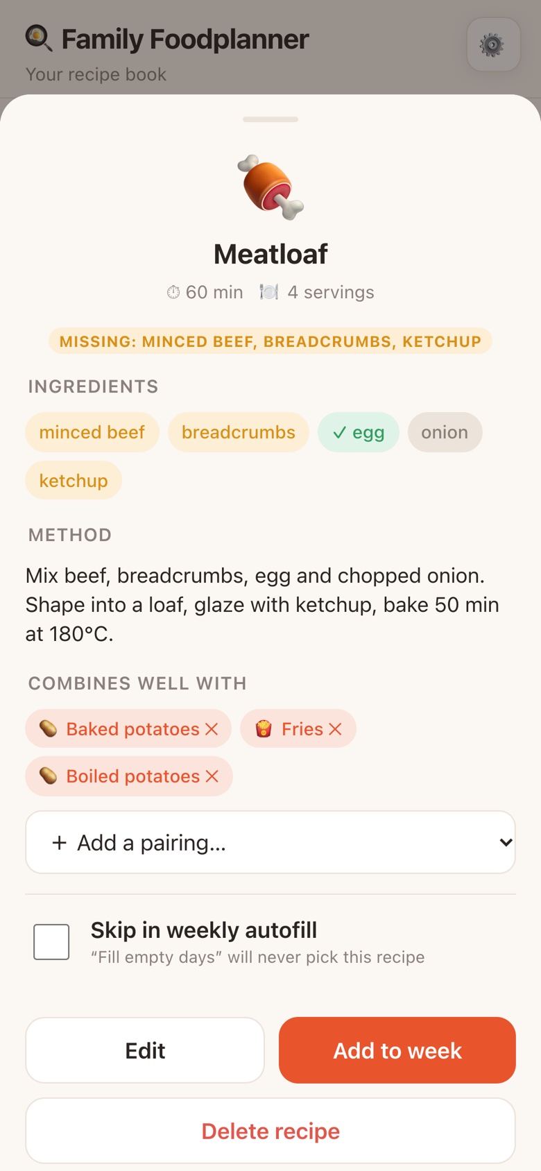 Meatloaf recipe with required ingredients, a staple shown in grey, and its combos