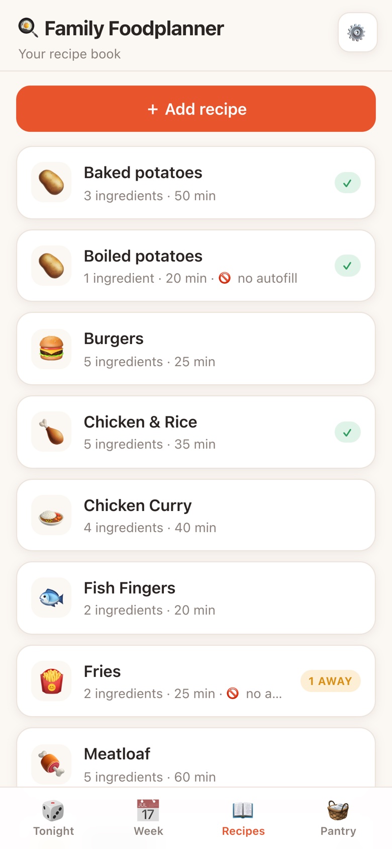 The Recipes tab: a family cookbook where each dish is an emoji, with the ones you can cook now badged