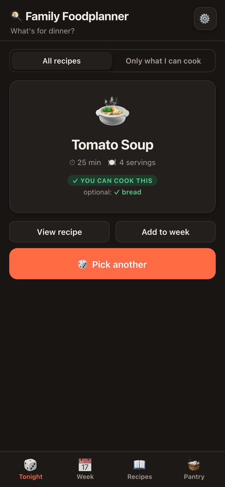 The same Tonight tab in dark mode, every control still readable