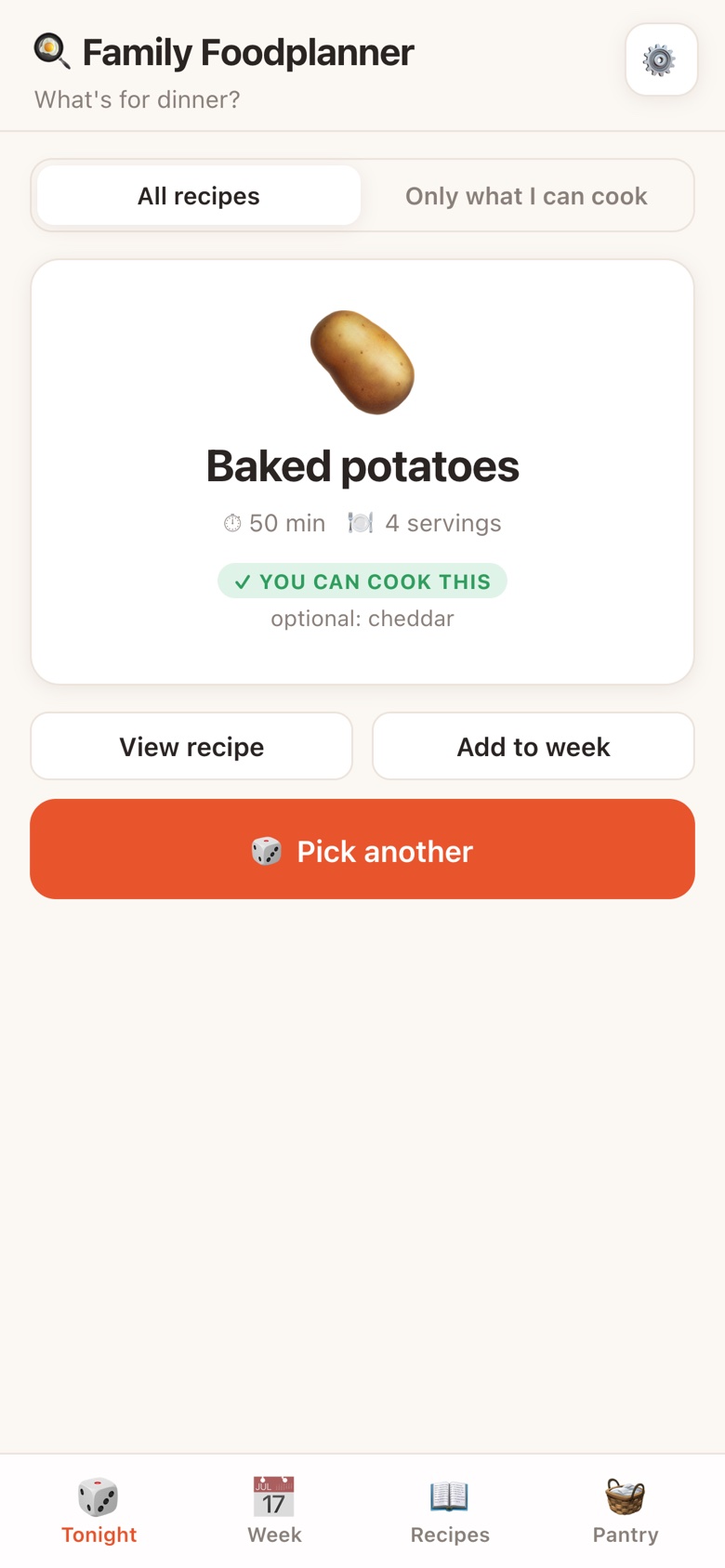 The Tonight tab in light mode: one big button has picked a meal, marked as cookable