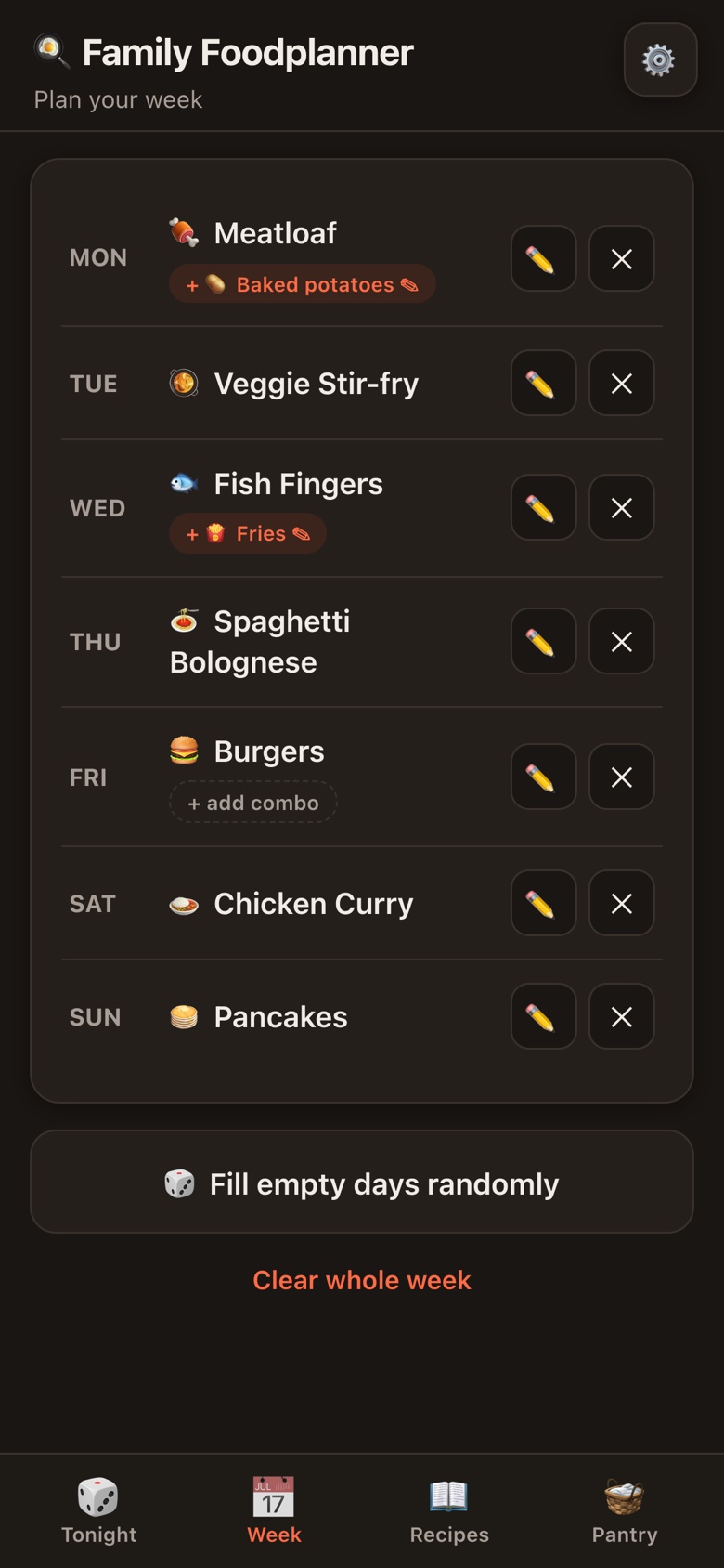 Week planner in dark mode