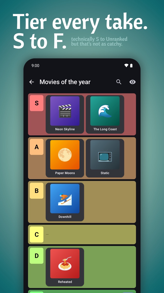 A tier list sorting movies into S to F rows